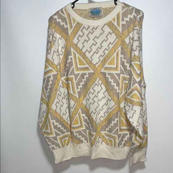 Vintage Cream and Yellow Crewneck Sweater with Geometric Pattern - Picture 1 of 7